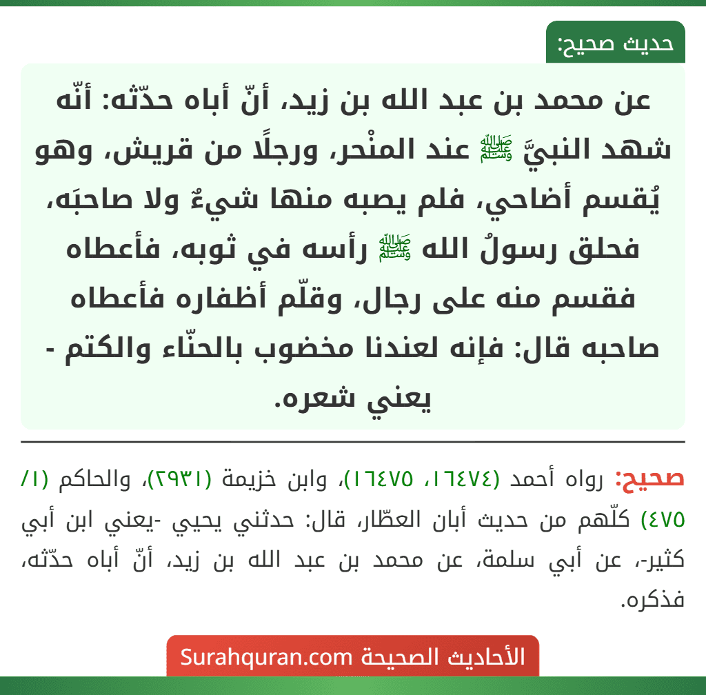 عن محمد بن عبد الله بن زيد، أنّ أباه حدّثه: أنّه شهد النبيَّ ﷺ عند المنْحر، ورجلًا من قريش، وهو يُقسم أضاحي، فلم يصبه منها شيءٌ ولا صاحبَه، فحلق رسولُ الله ﷺ رأسه في ثوبه، فأعطاه فقسم منه على رجال، وقلّم أظفاره فأعطاه صاحبه قال: فإنه لعندنا مخضوب بالحنّاء والكتم - يعني شعره.