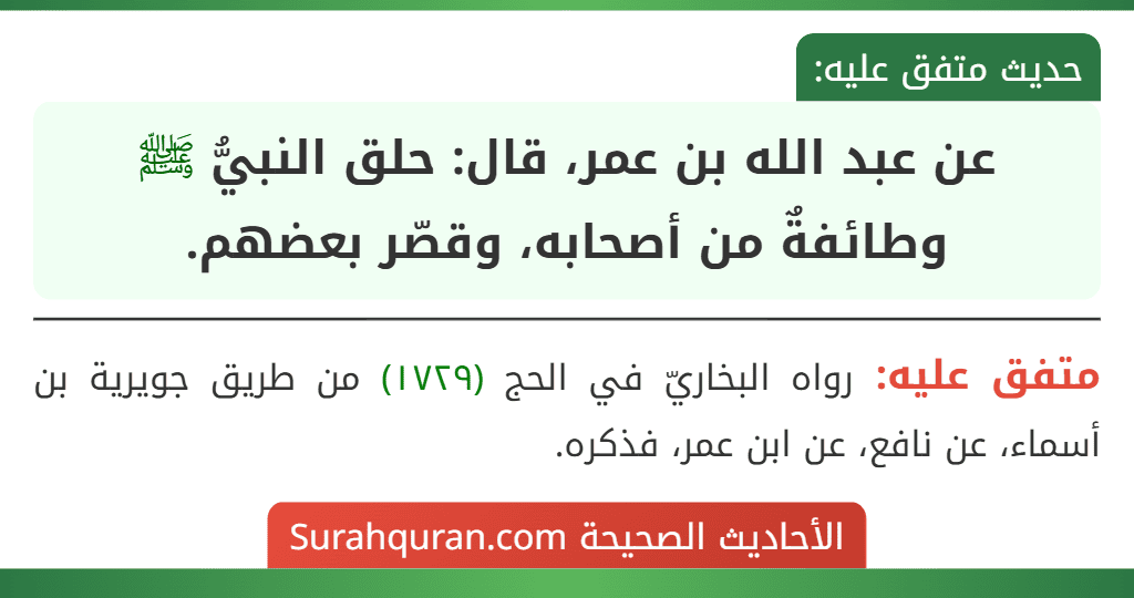 عن عبد الله بن عمر، قال: حلق النبيُّ ﷺ وطائفةٌ من أصحابه، وقصّر بعضهم. عن عبد الله بن عمر، قال: حلق النبيُّ ﷺ وطائفةٌ من أصحابه، وقصّر بعضهم.
