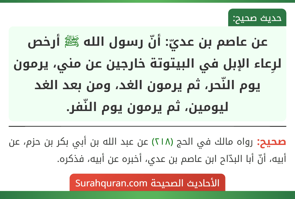 عن عاصم بن عديّ: أنّ رسول الله ﷺ أرخص لرِعاء الإبل في البيتوتة خارجين عن مني، يرمون يوم النّحر، ثم يرمون الغد، ومن بعد الغد ليومين، ثم يرمون يوم النّفر. عن عاصم بن عديّ: أنّ رسول الله ﷺ أرخص لرِعاء الإبل في البيتوتة خارجين عن مني، يرمون يوم النّحر، ثم يرمون الغد، ومن بعد الغد ليومين، ثم يرمون يوم النّفر.