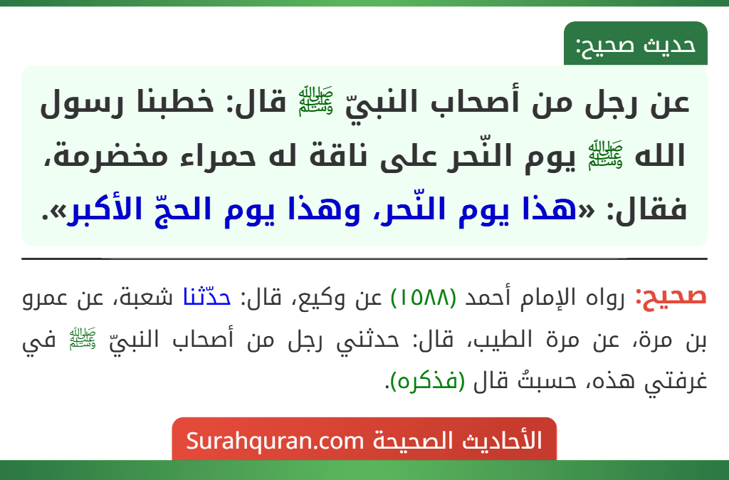 عن رجل من أصحاب النبيّ ﷺ قال: خطبنا رسول الله ﷺ يوم النّحر على ناقة له حمراء مخضرمة، فقال: «هذا يوم النّحر، وهذا يوم الحجّ الأكبر».