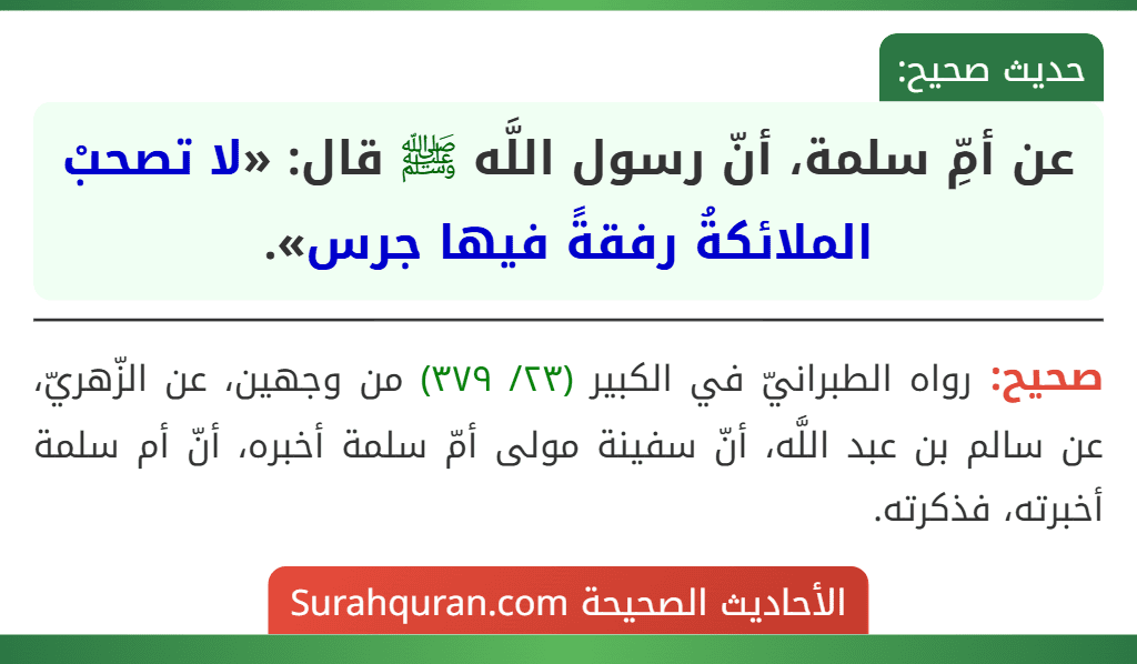 عن أمِّ سلمة، أنّ رسول اللَّه ﷺ قال: «لا تصحبْ الملائكةُ رفقةً فيها جرس».