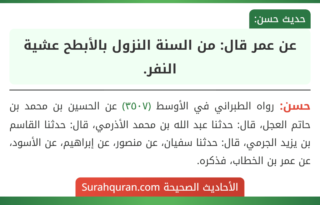 عن عمر قال: من السنة النزول بالأبطح عشية النفر.