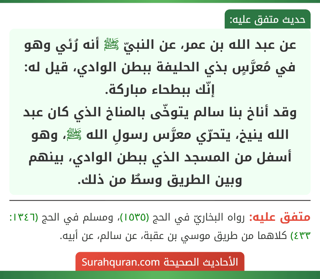 عن عبد الله بن عمر، عن النبيّ ﷺ أنه رُئي وهو في مُعرَّسٍ بذي الحليفة ببطن الوادي، قيل له: إنّك ببطحاء مباركة.
وقد أناخ بنا سالم يتوخّى بالمناخ الذي كان عبد الله ينيخ، يتحرّي معرَّس رسولِ الله ﷺ، وهو أسفل من المسجد الذي ببطن الوادي، بينهم وبين الطريق وسطٌ من ذلك.