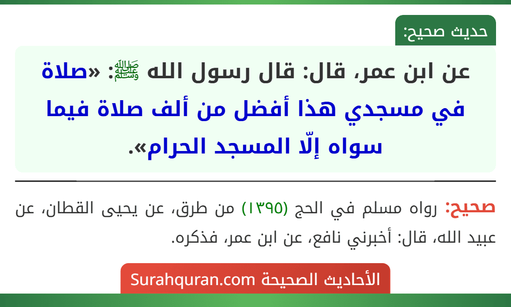 عن ابن عمر، قال: قال رسول الله ﷺ: «صلاة في مسجدي هذا أفضل من ألف صلاة فيما سواه إلّا المسجد الحرام».