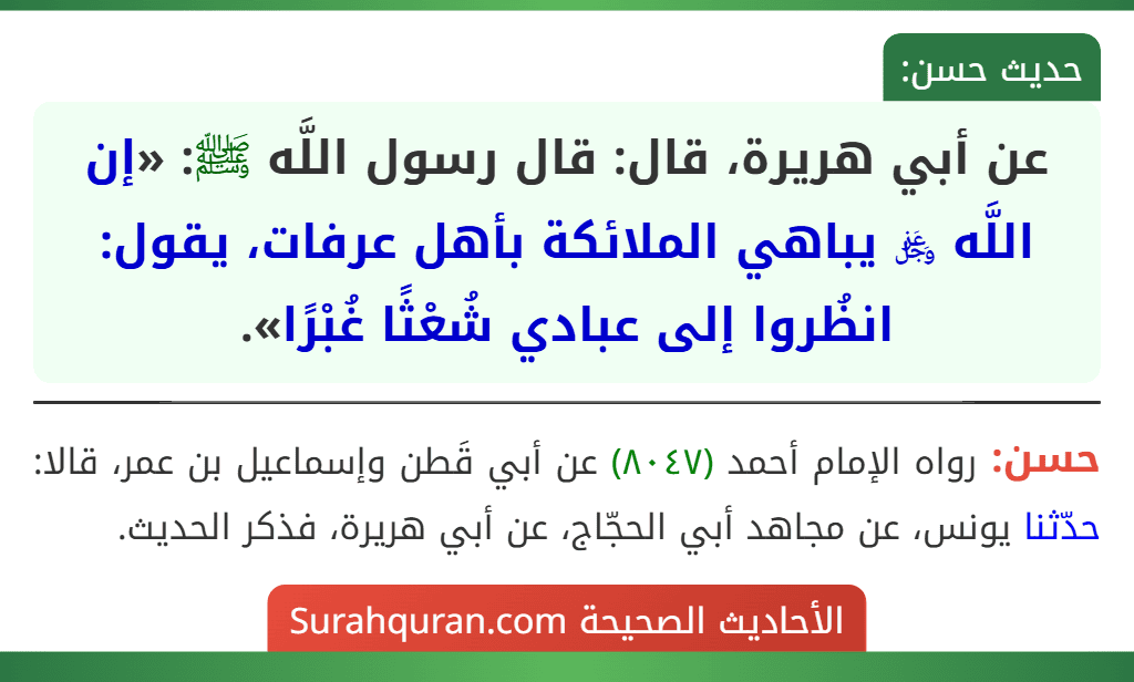 عن أبي هريرة، قال: قال رسول اللَّه ﷺ: «إن اللَّه ﷿ يباهي الملائكة بأهل عرفات، يقول: انظُروا إلى عبادي شُعْثًا غُبْرًا».