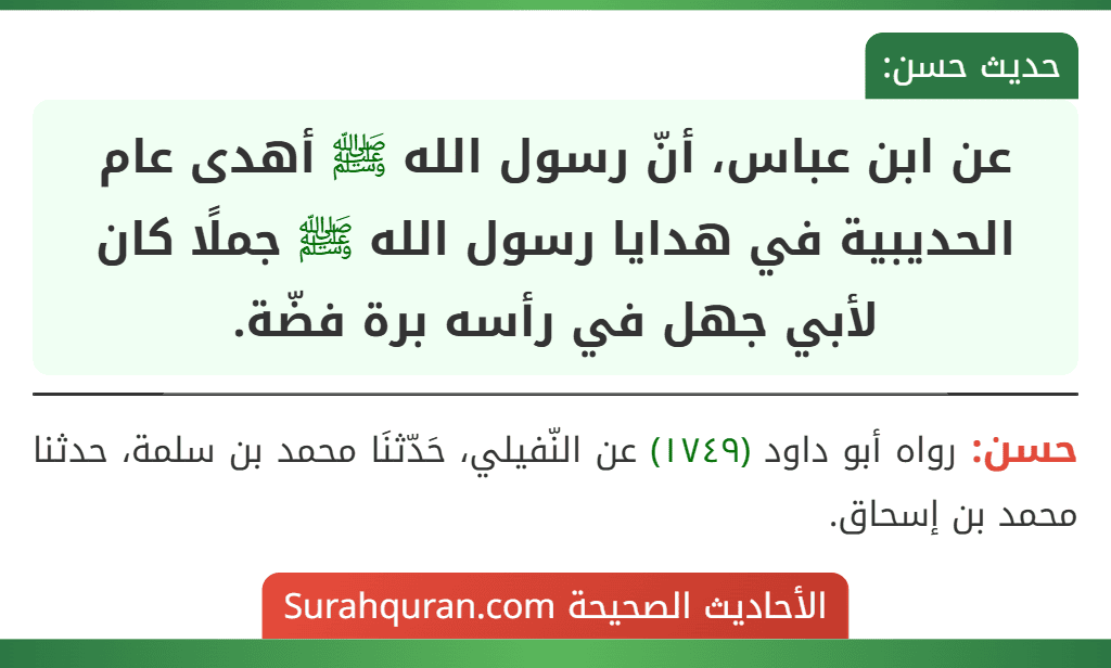 عن ابن عباس، أنّ رسول الله ﷺ أهدى عام الحديبية في هدايا رسول الله ﷺ جملًا كان لأبي جهل في رأسه برة فضّة.