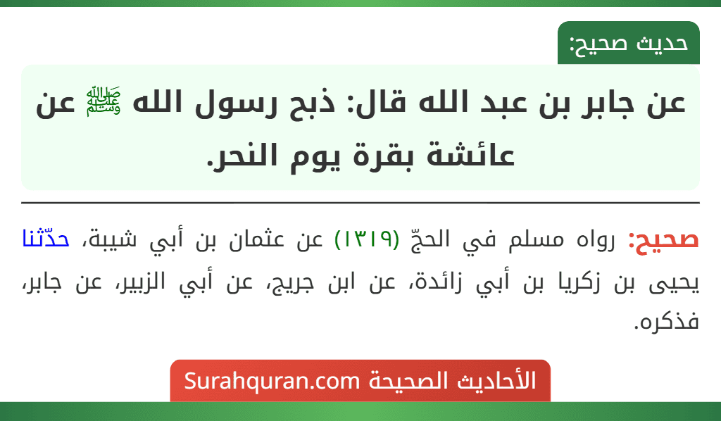 عن جابر بن عبد الله قال: ذبح رسول الله ﷺ عن عائشة بقرة يوم النحر.