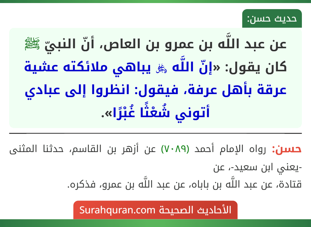 عن عبد اللَّه بن عمرو بن العاص، أنّ النبيّ ﷺ كان يقول: «إنّ اللَّه ﷿ يباهي ملائكته عشية عرقة بأهل عرفة، فيقول: انظروا إلى عبادي أتوني شُعْثًا غُبْرًا».