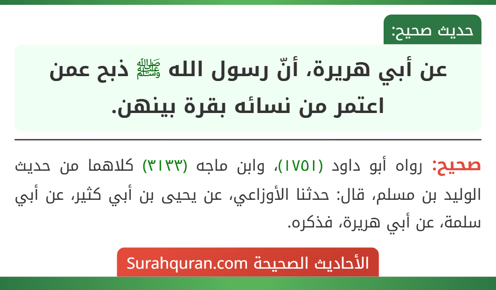 عن أبي هريرة، أنّ رسول الله ﷺ ذبح عمن اعتمر من نسائه بقرة بينهن.
