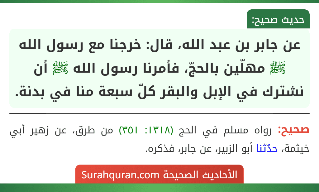 عن جابر بن عبد الله، قال: خرجنا مع رسول الله ﷺ مهلّين بالحجّ، فأمرنا رسول الله ﷺ أن نشترك في الإبل والبقر كلّ سبعة منا في بدنة.