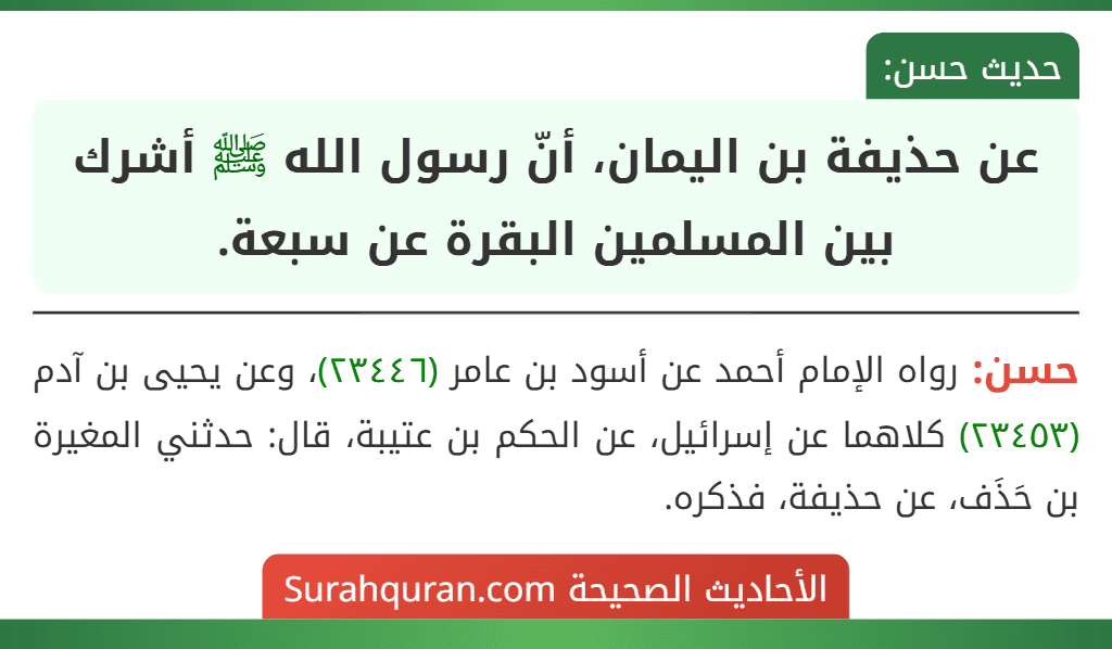عن حذيفة بن اليمان، أنّ رسول الله ﷺ أشرك بين المسلمين البقرة عن سبعة.