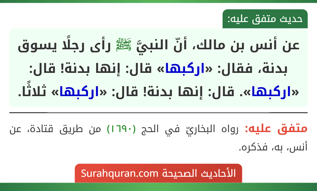 عن أنس بن مالك، أنّ النبيَّ ﷺ رأى رجلًا يسوق بدنة، فقال: «اركبها» قال: إنها بدنة! قال: «اركبها». قال: إنها بدنة! قال: «اركبها» ثلاثًا.