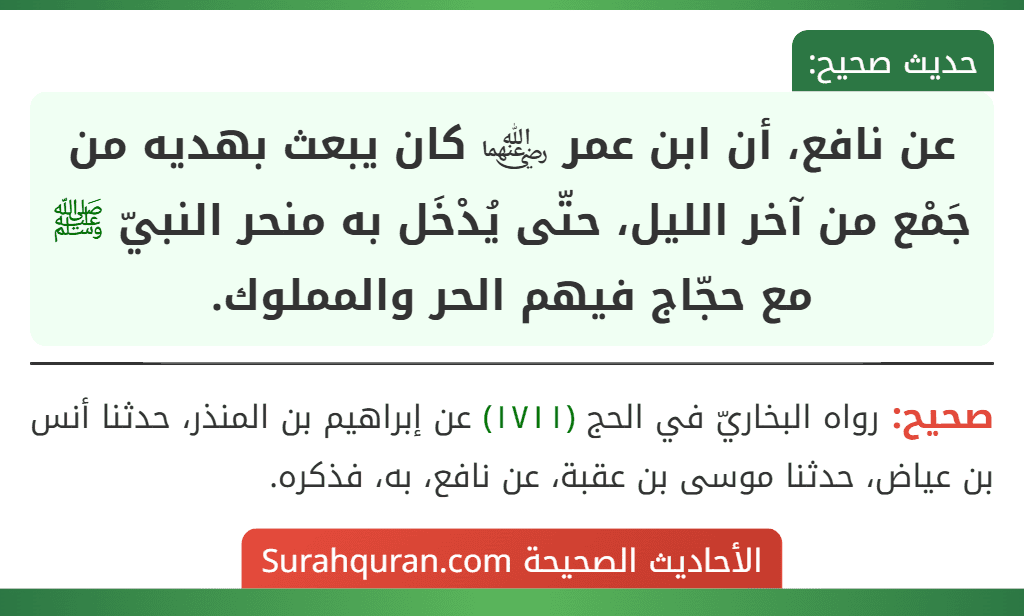 عن نافع، أن ابن عمر ﵄ كان يبعث بهديه من جَمْع من آخر الليل، حتّى يُدْخَل به منحر النبيّ ﷺ مع حجّاج فيهم الحر والمملوك.