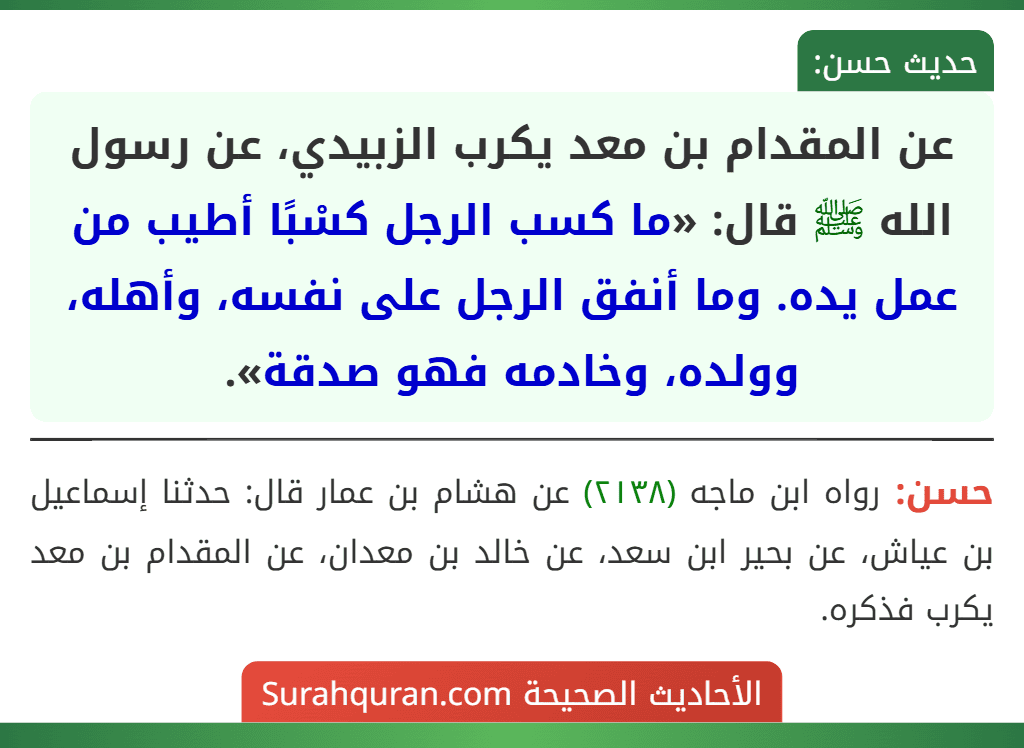 عن المقدام بن معد يكرب الزبيدي، عن رسول الله ﷺ قال: «ما كسب الرجل كسْبًا أطيب من عمل يده. وما أنفق الرجل على نفسه، وأهله، وولده، وخادمه فهو صدقة».