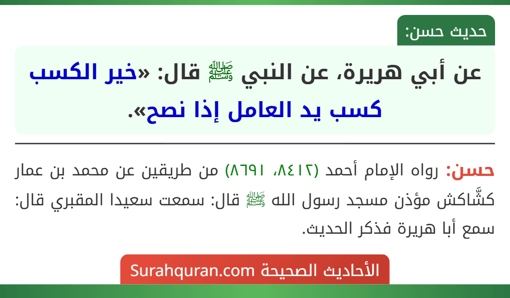 عن أبي هريرة، عن النبي ﷺ قال: «خير الكسب كسب يد العامل إذا نصح».