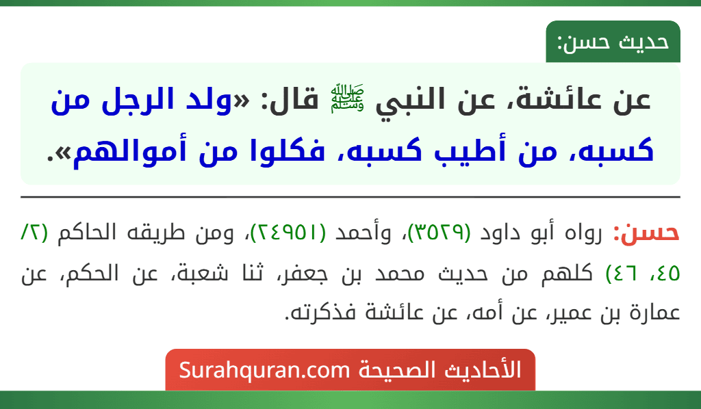 عن عائشة، عن النبي ﷺ قال: «ولد الرجل من كسبه، من أطيب كسبه، فكلوا من أموالهم».