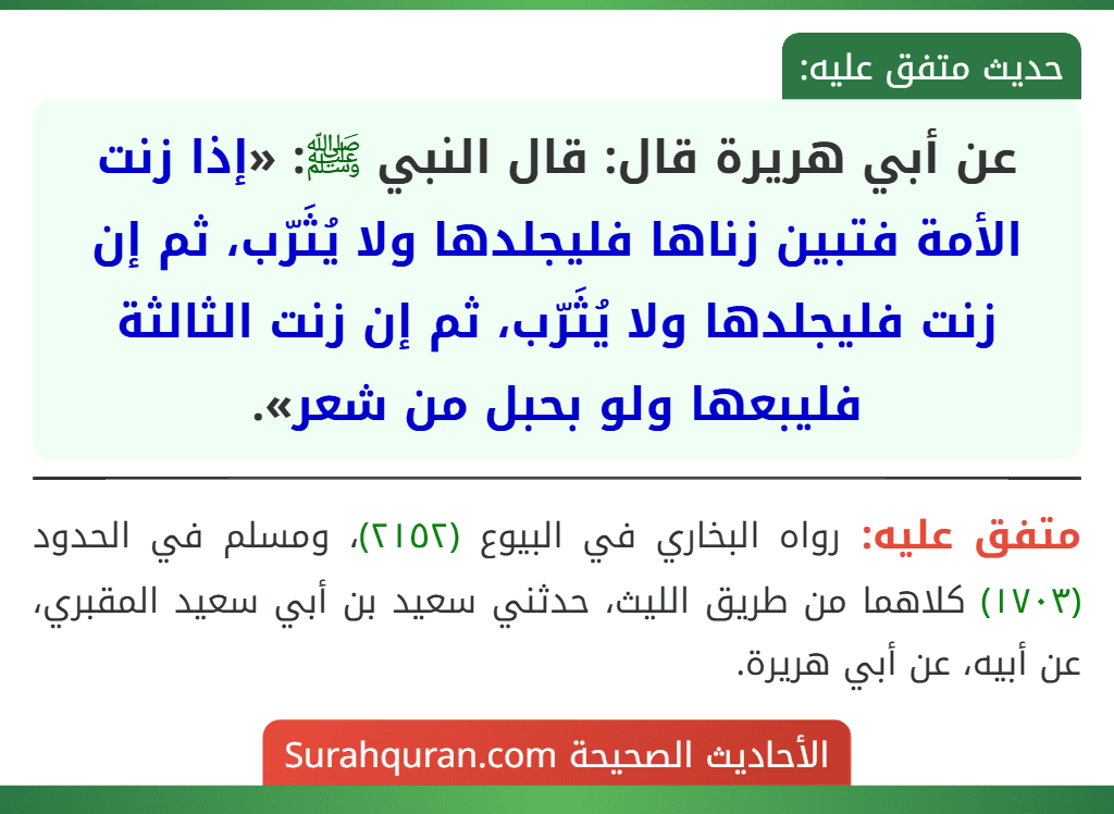 عن أبي هريرة قال: قال النبي ﷺ: «إذا زنت الأمة فتبين زناها فليجلدها ولا يُثَرّب، ثم إن زنت فليجلدها ولا يُثَرّب، ثم إن زنت الثالثة فليبعها ولو بحبل من شعر».
