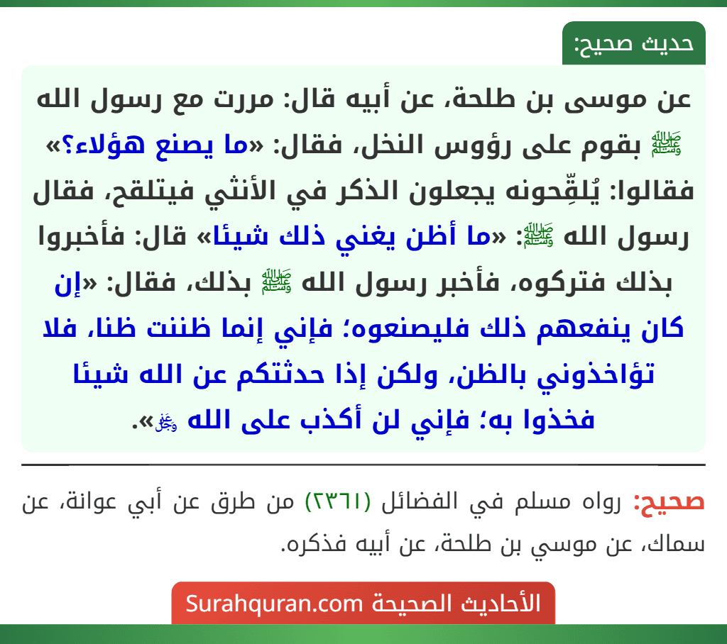 عن موسى بن طلحة، عن أبيه قال: مررت مع رسول الله ﷺ بقوم على رؤوس النخل، فقال: «ما يصنع هؤلاء؟» فقالوا: يُلقِّحونه يجعلون الذكر في الأنثي فيتلقح، فقال رسول الله ﷺ: «ما أظن يغني ذلك شيئا» قال: فأخبروا بذلك فتركوه، فأخبر رسول الله ﷺ بذلك، فقال: «إن كان ينفعهم ذلك فليصنعوه؛ فإني إنما ظننت ظنا، فلا تؤاخذوني بالظن، ولكن إذا حدثتكم عن الله شيئا فخذوا به؛ فإني لن أكذب على الله ﷿».