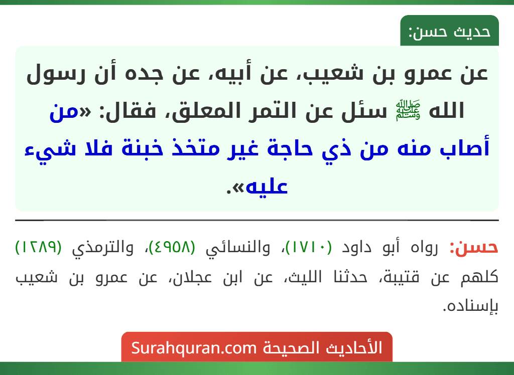 عن عمرو بن شعيب، عن أبيه، عن جده أن رسول الله ﷺ سئل عن التمر المعلق، فقال: «من أصاب منه من ذي حاجة غير متخذ خبنة فلا شيء عليه».