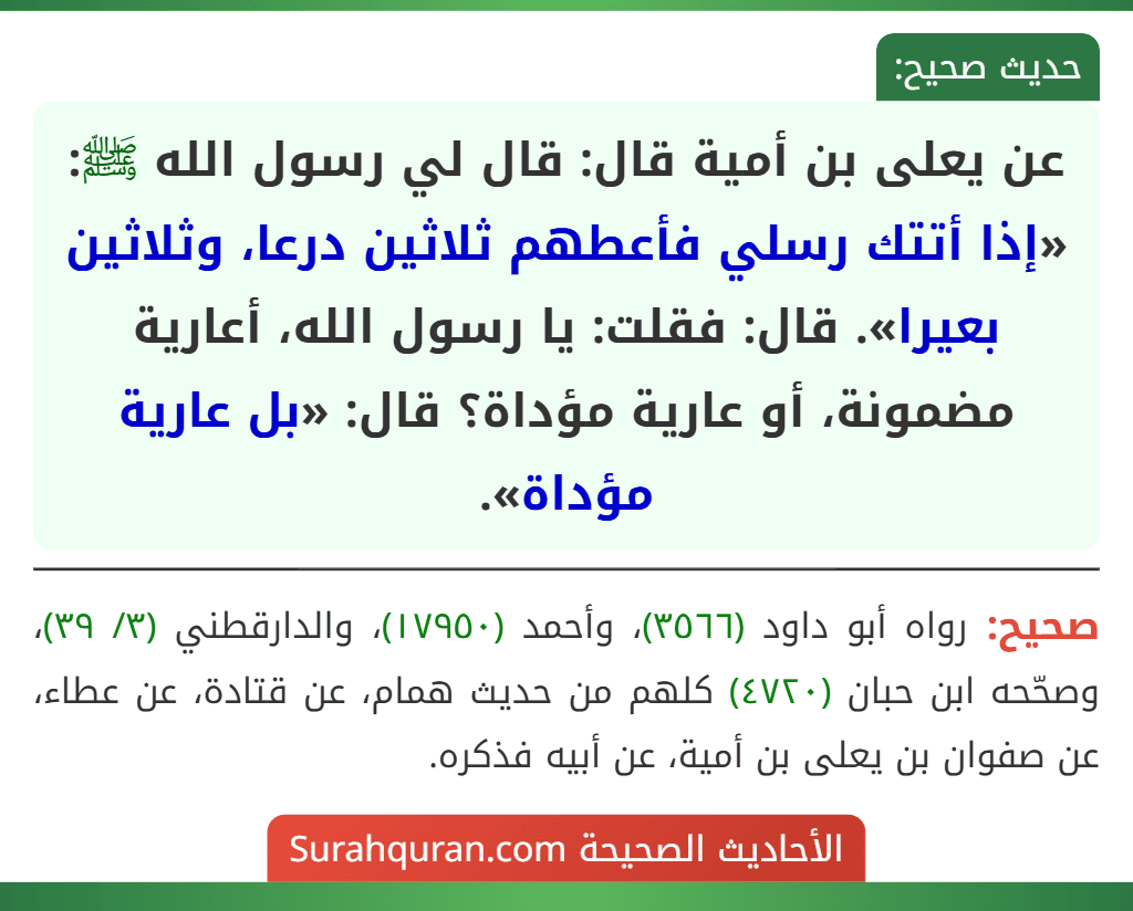عن يعلى بن أمية قال: قال لي رسول الله ﷺ: «إذا أتتك رسلي فأعطهم ثلاثين درعا، وثلاثين بعيرا». قال: فقلت: يا رسول الله، أعارية مضمونة، أو عارية مؤداة؟ قال: «بل عارية مؤداة».