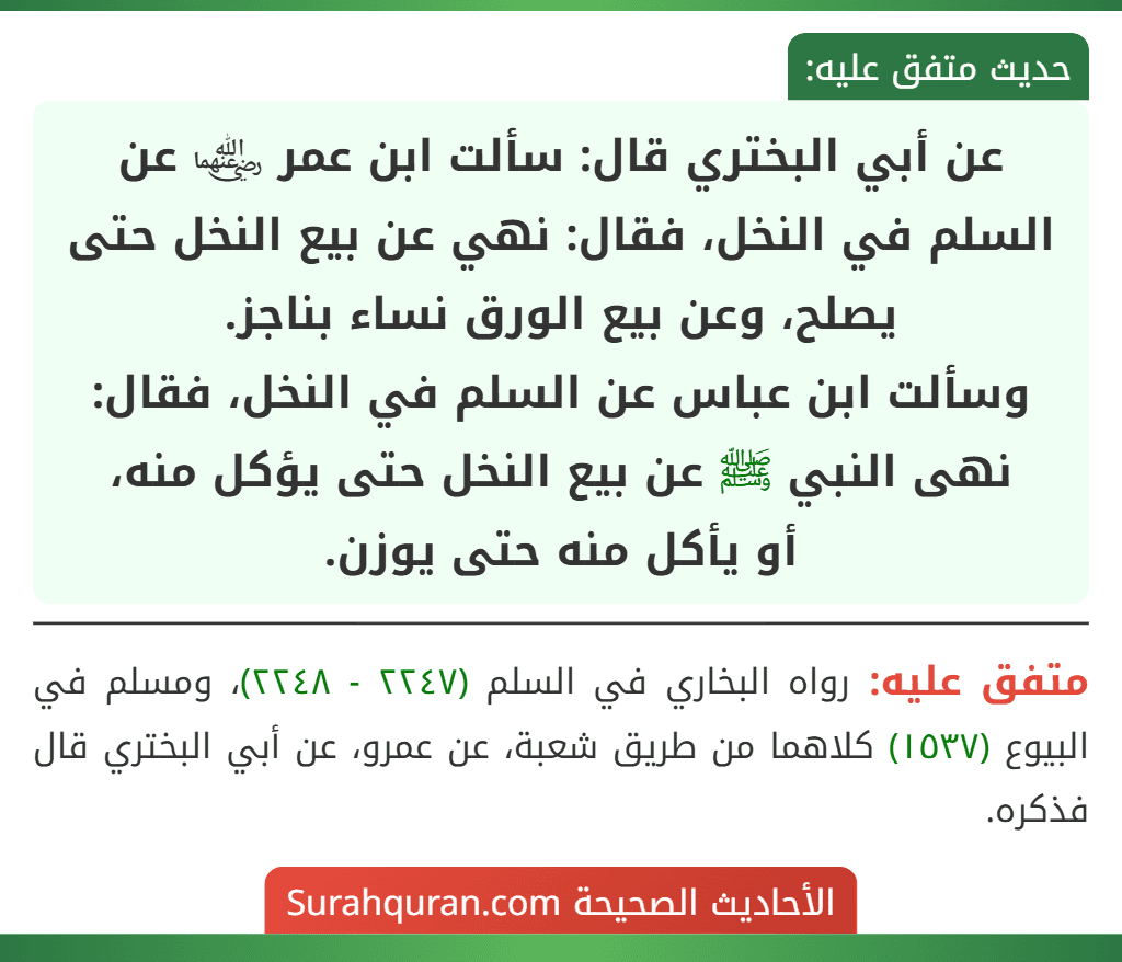 عن أبي البختري قال: سألت ابن عمر ﵄ عن السلم في النخل، فقال: نهي عن بيع النخل حتى يصلح، وعن بيع الورق نساء بناجز.
وسألت ابن عباس عن السلم في النخل، فقال: نهى النبي ﷺ عن بيع النخل حتى يؤكل منه،
أو يأكل منه حتى يوزن.