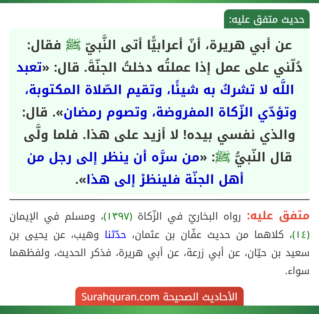 عن أبي هريرة، أنّ أعرابيًّا أتى النَّبيّ ﷺ فقال: دُلّني على عمل إذا عملتُه دخلتُ الجنّةَ. قال: «تعبد اللَّه لا تشركُ به شيئًا، وتقيم الصّلاة المكتوبة، وتؤدّي الزّكاة المفروضة، وتصوم رمضان». قال: والذي نفسي بيده! لا أزيد على هذا. فلما ولَّى قال النّبيُّ ﷺ: «من سرَّه أن ينظر إلى رجل من أهل الجنّة فلينظرْ إلى هذا».