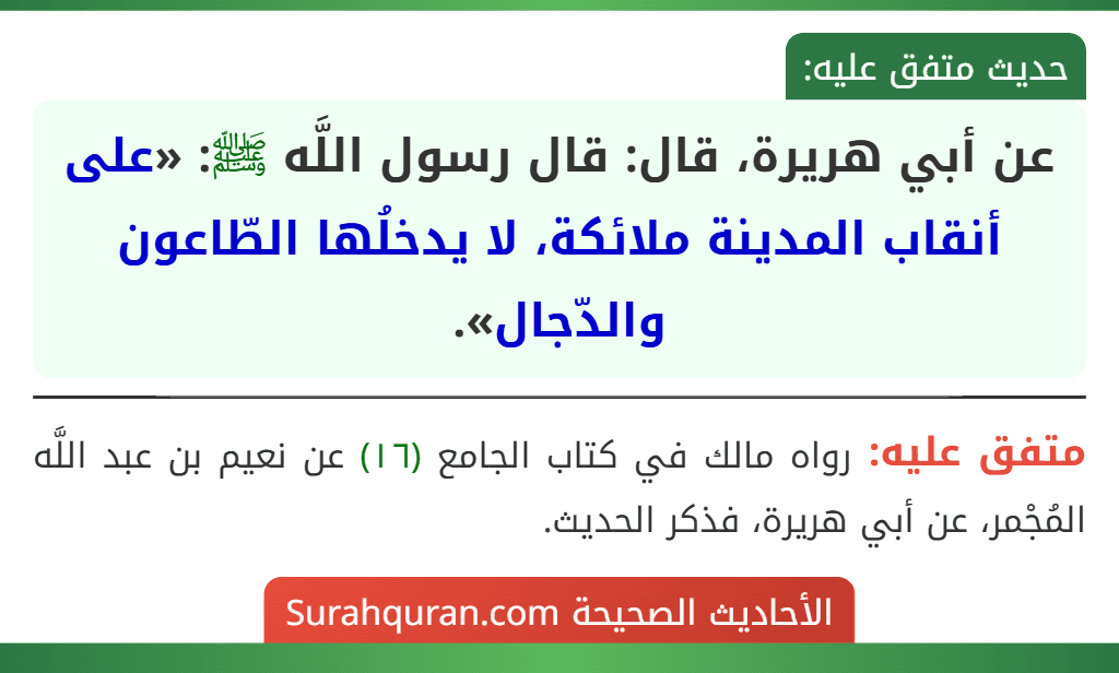 عن أبي هريرة، قال: قال رسول اللَّه ﷺ: «على أنقاب المدينة ملائكة، لا يدخلُها الطّاعون والدّجال».