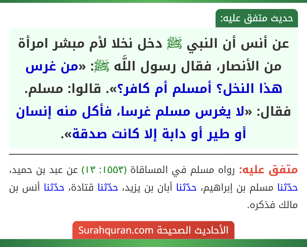عن أنس أن النبي ﷺ دخل نخلا لأم مبشر امرأة من الأنصار، فقال رسول اللَّه ﷺ: «من غرس هذا النخل؟ أمسلم أم كافر؟». قالوا: مسلم. فقال: «لا يغرس مسلم غرسا، فأكل منه إنسان أو طير أو دابة إلا كانت صدقة».