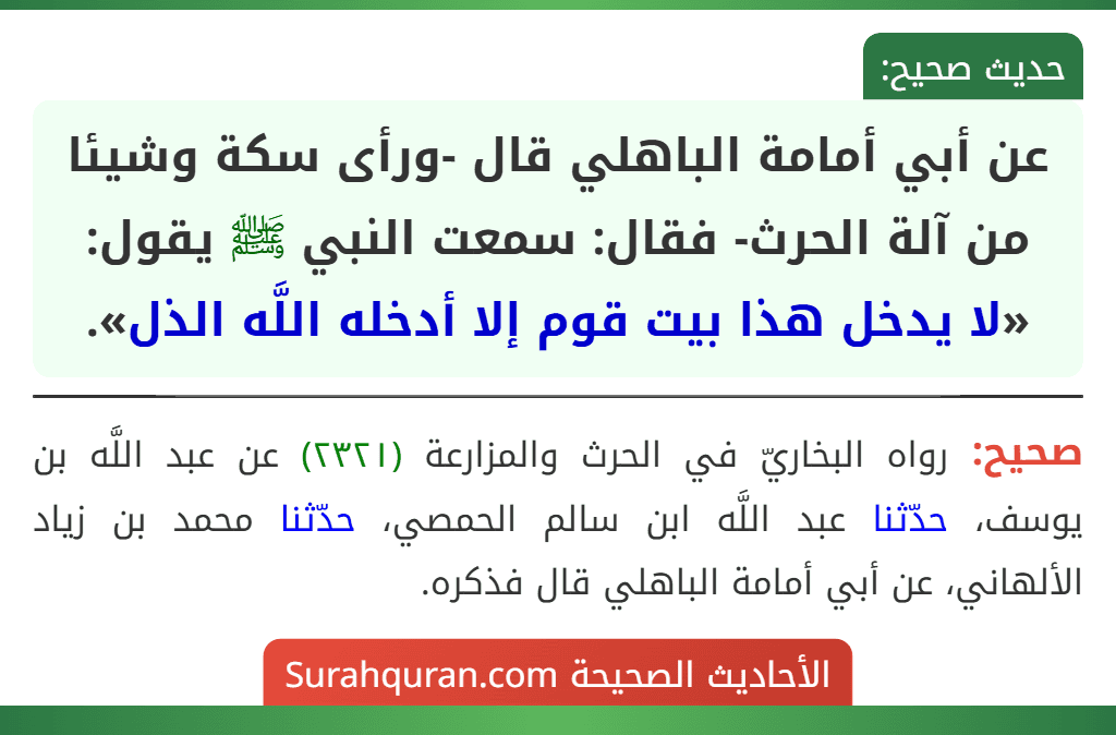 عن أبي أمامة الباهلي قال -ورأى سكة وشيئا من آلة الحرث- فقال: سمعت النبي ﷺ يقول: «لا يدخل هذا بيت قوم إلا أدخله اللَّه الذل».
