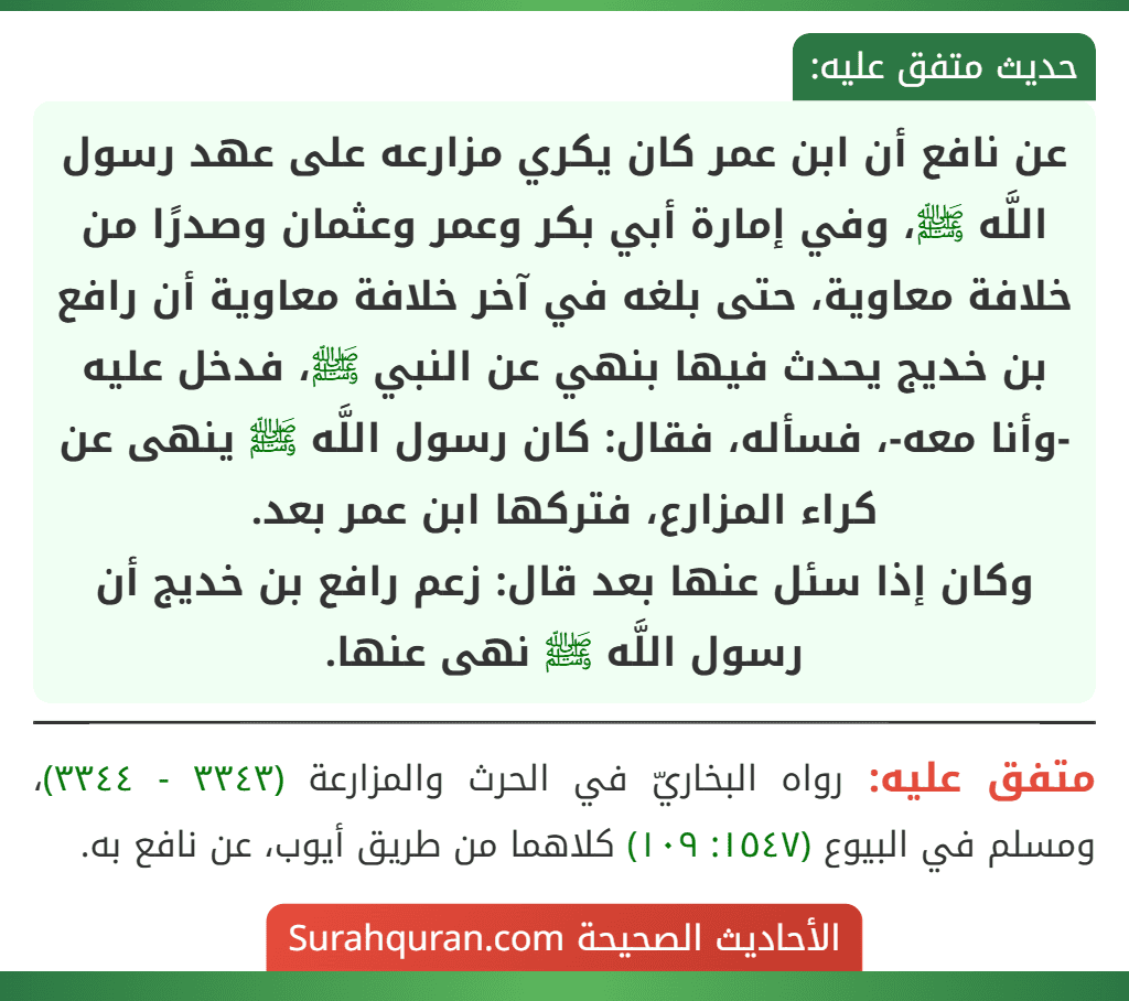 عن نافع أن ابن عمر كان يكري مزارعه على عهد رسول اللَّه ﷺ، وفي إمارة أبي بكر وعمر وعثمان وصدرًا من خلافة معاوية، حتى بلغه في آخر خلافة معاوية أن رافع بن خديج يحدث فيها بنهي عن النبي ﷺ، فدخل عليه -وأنا معه-، فسأله، فقال: كان رسول اللَّه ﷺ ينهى عن كراء المزارع، فتركها ابن عمر بعد.
وكان إذا سئل عنها بعد قال: زعم رافع بن خديج أن رسول اللَّه ﷺ نهى عنها. عن نافع أن ابن عمر كان يكري مزارعه على عهد رسول اللَّه ﷺ، وفي إمارة أبي بكر وعمر وعثمان وصدرًا من خلافة معاوية، حتى بلغه في آخر خلافة معاوية أن رافع بن خديج يحدث فيها بنهي عن النبي ﷺ، فدخل عليه -وأنا معه-، فسأله، فقال: كان رسول اللَّه ﷺ ينهى عن كراء المزارع، فتركها ابن عمر بعد.
وكان إذا سئل عنها بعد قال: زعم رافع بن خديج أن رسول اللَّه ﷺ نهى عنها.