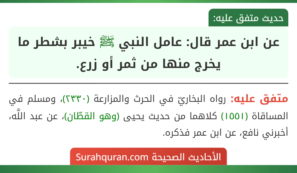 عن ابن عمر قال: عامل النبي ﷺ خيبر بشطر ما يخرج منها من ثمر أو زرع.