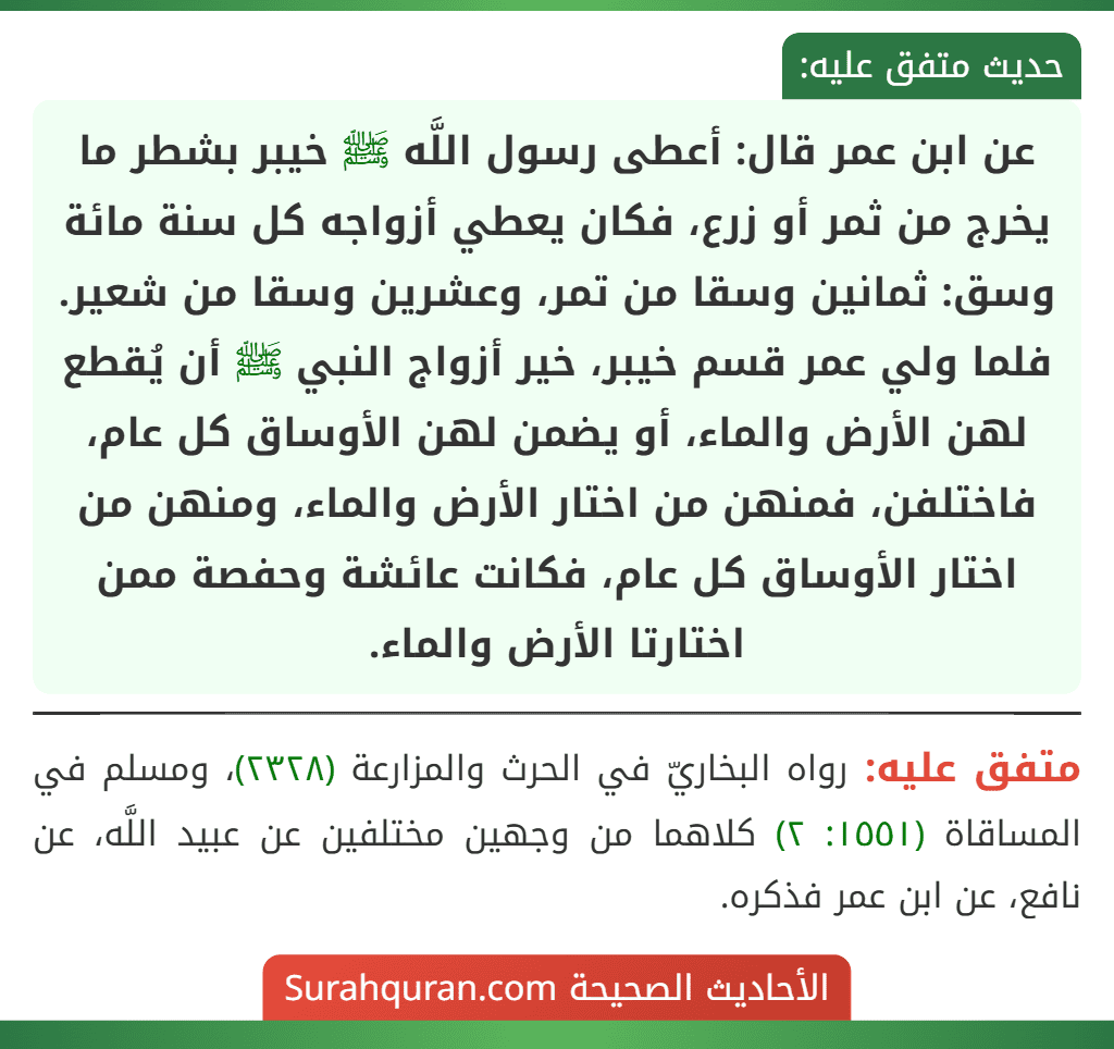 عن ابن عمر قال: أعطى رسول اللَّه ﷺ خيبر بشطر ما يخرج من ثمر أو زرع، فكان يعطي أزواجه كل سنة مائة وسق: ثمانين وسقا من تمر، وعشرين وسقا من شعير. فلما ولي عمر قسم خيبر، خير أزواج النبي ﷺ أن يُقطع لهن الأرض والماء، أو يضمن لهن الأوساق كل عام، فاختلفن، فمنهن من اختار الأرض والماء، ومنهن من اختار الأوساق كل عام، فكانت عائشة وحفصة ممن اختارتا الأرض والماء.