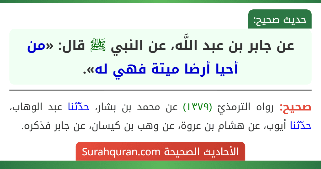 عن جابر بن عبد اللَّه، عن النبي ﷺ قال: «من أحيا أرضا ميتة فهي له».