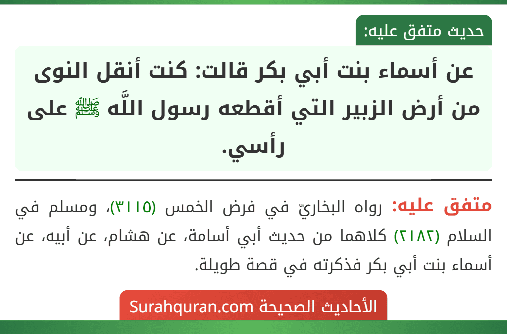 عن أسماء بنت أبي بكر قالت: كنت أنقل النوى من أرض الزبير التي أقطعه رسول اللَّه ﷺ على رأسي.