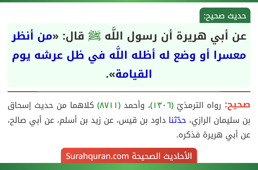 عن أبي هريرة أن رسول اللَّه ﷺ قال: «من أنظر معسرا أو وضع له أظله اللَّه في ظل عرشه يوم القيامة».