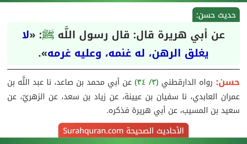 عن أبي هريرة قال: قال رسول اللَّه ﷺ: «لا يغلق الرهن، له غنمه، وعليه غرمه».