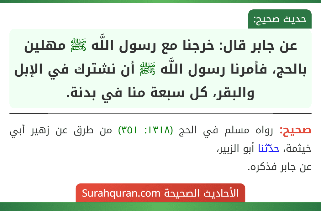 عن جابر قال: خرجنا مع رسول اللَّه ﷺ مهلين بالحج، فأمرنا رسول اللَّه ﷺ أن نشترك في الإبل والبقر، كل سبعة منا في بدنة.