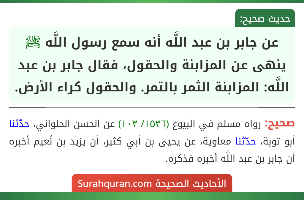 عن جابر بن عبد اللَّه أنه سمع رسول اللَّه ﷺ ينهى عن المزابنة والحقول، فقال جابر بن عبد اللَّه: المزابنة الثمر بالتمر. والحقول كراء الأرض.