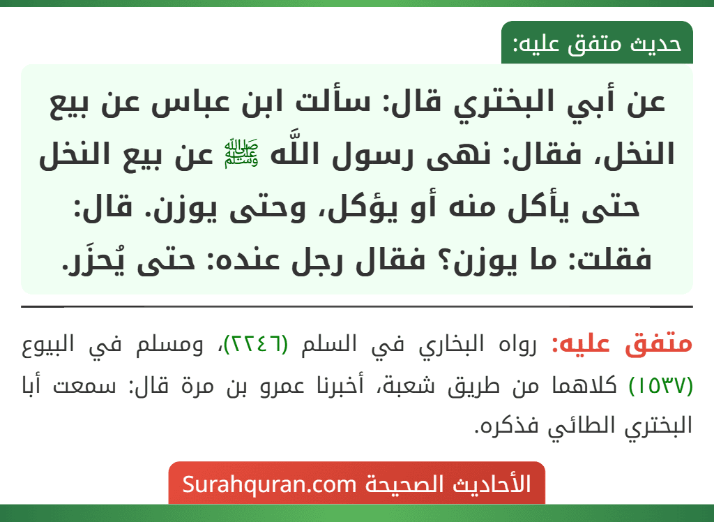 عن أبي البختري قال: سألت ابن عباس عن بيع النخل، فقال: نهى رسول اللَّه ﷺ عن بيع النخل حتى يأكل منه أو يؤكل، وحتى يوزن. قال: فقلت: ما يوزن؟ فقال رجل عنده: حتى يُحزَر.
