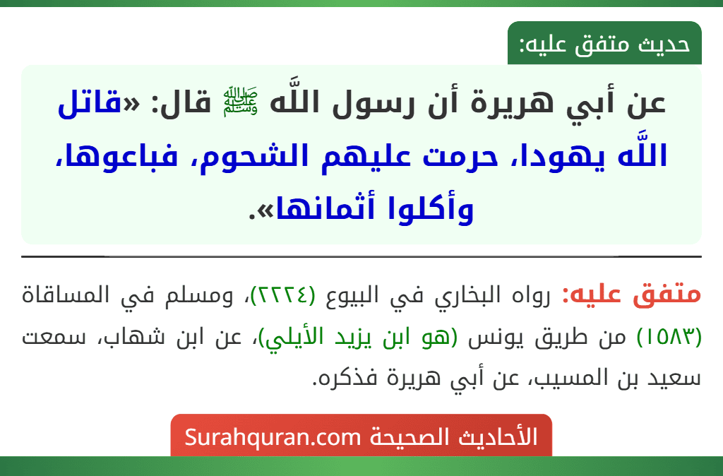 عن أبي هريرة أن رسول اللَّه ﷺ قال: «قاتل اللَّه يهودا، حرمت عليهم الشحوم، فباعوها، وأكلوا أثمانها».