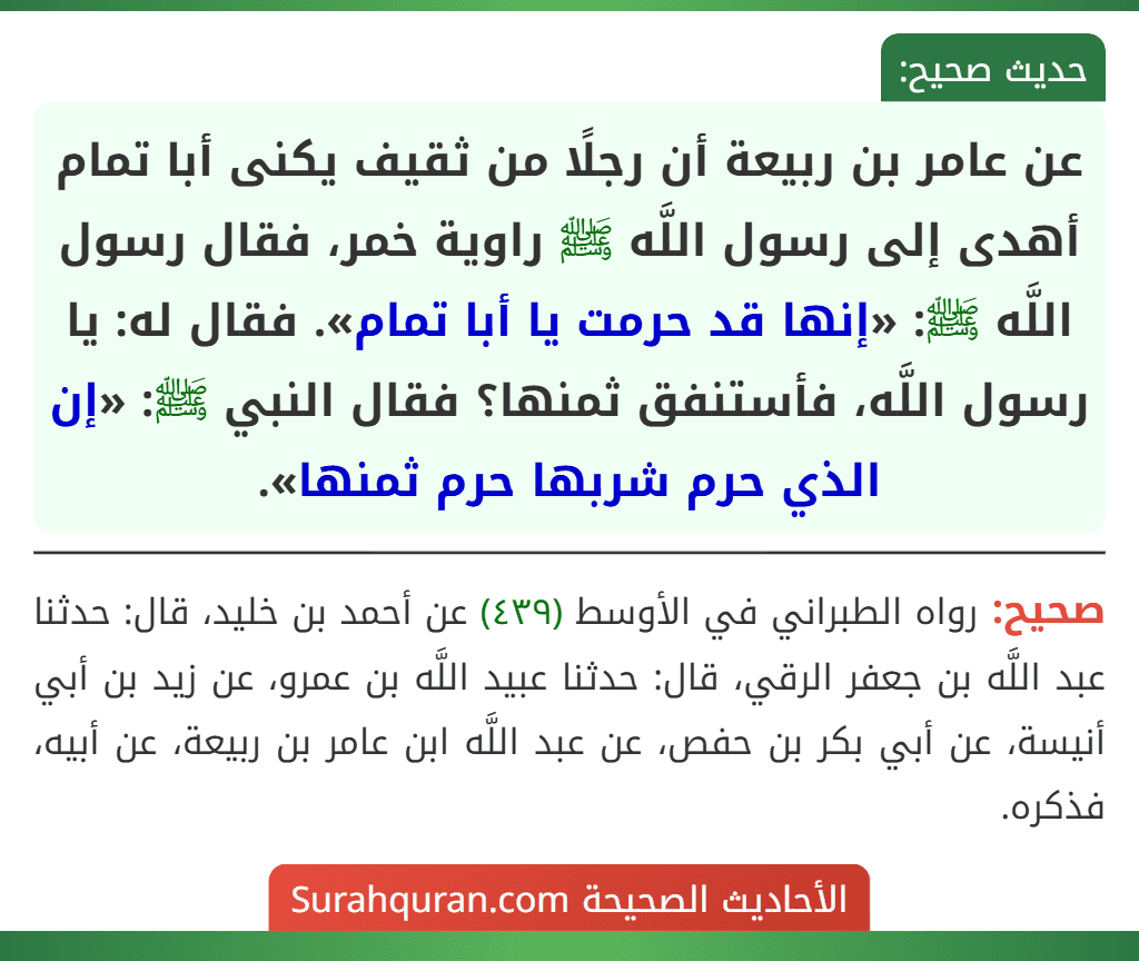 عن عامر بن ربيعة أن رجلًا من ثقيف يكنى أبا تمام أهدى إلى رسول اللَّه ﷺ راوية خمر، فقال رسول اللَّه ﷺ: «إنها قد حرمت يا أبا تمام». فقال له: يا رسول اللَّه، فأستنفق ثمنها؟ فقال النبي ﷺ: «إن الذي حرم شربها حرم ثمنها».