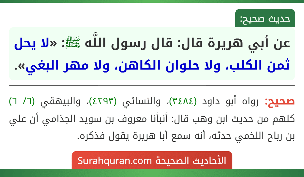 عن أبي هريرة قال: قال رسول اللَّه ﷺ: «لا يحل ثمن الكلب، ولا حلوان الكاهن، ولا مهر البغي».