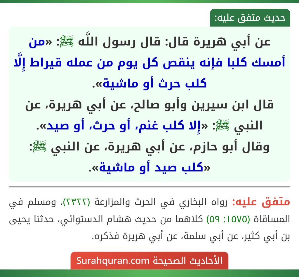 عن أبي هريرة قال: قال رسول اللَّه ﷺ: «من أمسك كلبا فإنه ينقص كل يوم من عمله قيراط إِلَّا كلب حرث أو ماشية».
قال ابن سيرين وأبو صالح، عن أبي هريرة، عن النبي ﷺ: «إِلا كلب غنم، أو حرث، أو صيد».
وقال أبو حازم، عن أبي هريرة، عن النبي ﷺ: «كلب صيد أو ماشية». عن أبي هريرة قال: قال رسول اللَّه ﷺ: «من أمسك كلبا فإنه ينقص كل يوم من عمله قيراط إِلَّا كلب حرث أو ماشية».
قال ابن سيرين وأبو صالح، عن أبي هريرة، عن النبي ﷺ: «إِلا كلب غنم، أو حرث، أو صيد».
وقال أبو حازم، عن أبي هريرة، عن النبي ﷺ: «كلب صيد أو ماشية».