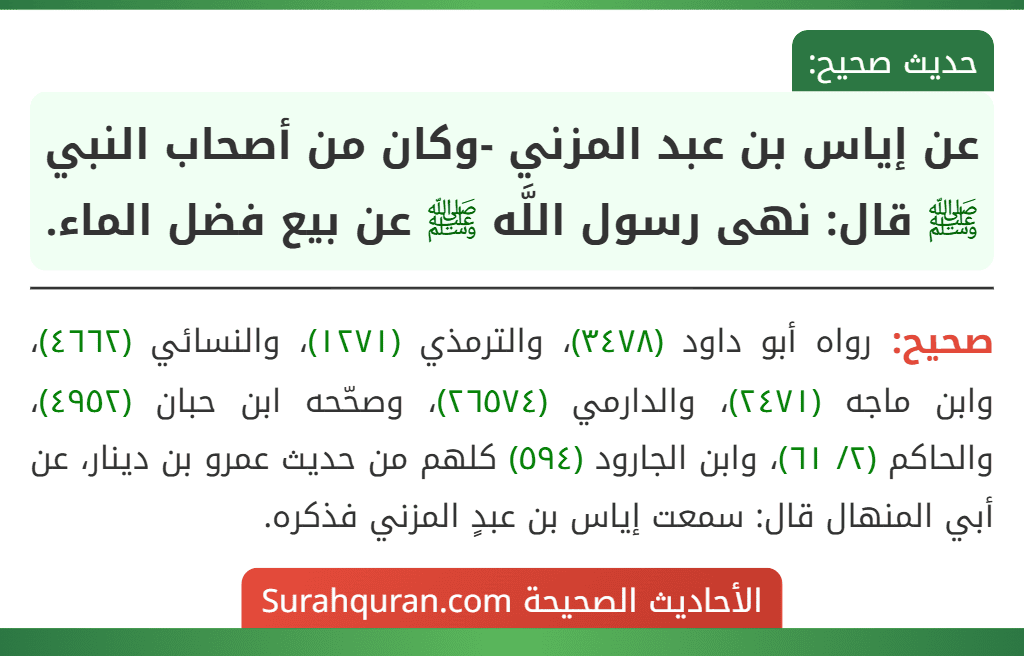 عن إياس بن عبد المزني -وكان من أصحاب النبي ﷺ قال: نهى رسول اللَّه ﷺ عن بيع فضل الماء.