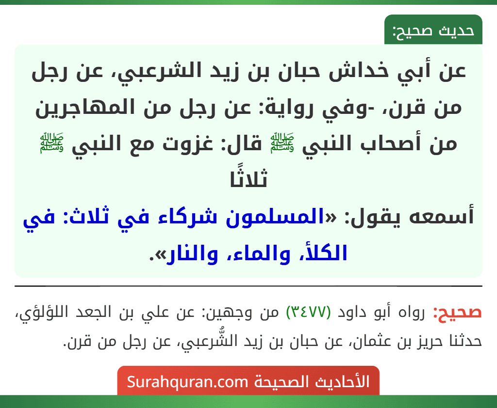 عن أبي خداش حبان بن زيد الشرعبي، عن رجل من قرن، -وفي رواية: عن رجل من المهاجرين من أصحاب النبي ﷺ قال: غزوت مع النبي ﷺ ثلاثًا
أسمعه يقول: «المسلمون شركاء في ثلاث: في الكلأ، والماء، والنار».