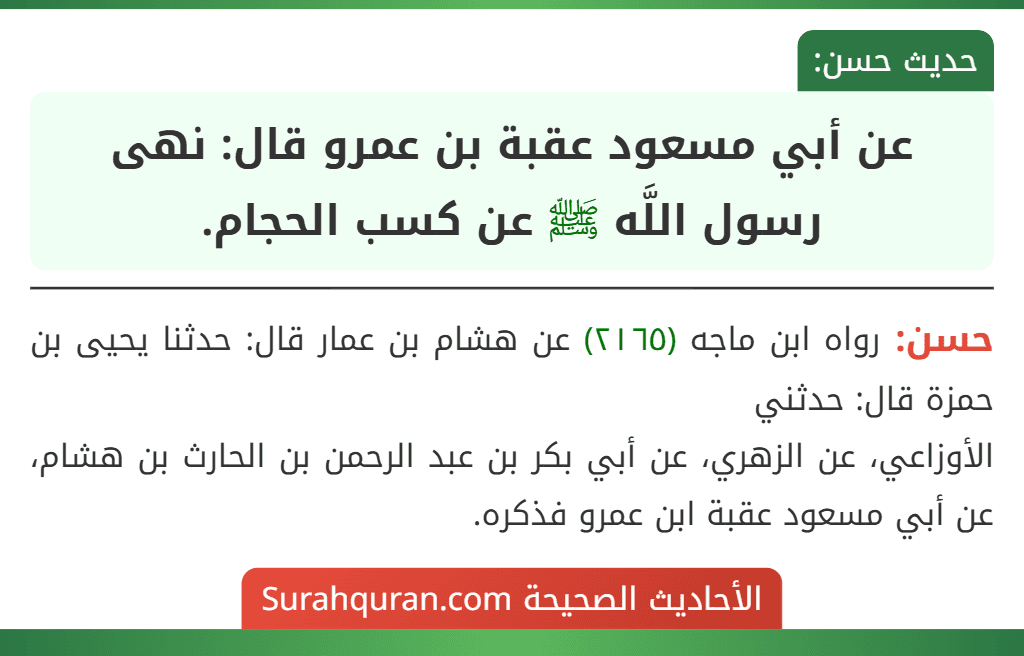 عن أبي مسعود عقبة بن عمرو قال: نهى رسول اللَّه ﷺ عن كسب الحجام.