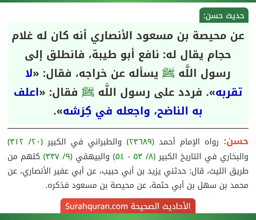عن محيصة بن مسعود الأنصاري أنه كان له غلام حجام يقال له: نافع أبو طيبة، فانطلق إلى رسول اللَّه ﷺ يسأله عن خراجه، فقال: «لا تقربه». فردد على رسول اللَّه ﷺ فقال: «اعلف به الناضح، واجعله في كِرَشه».