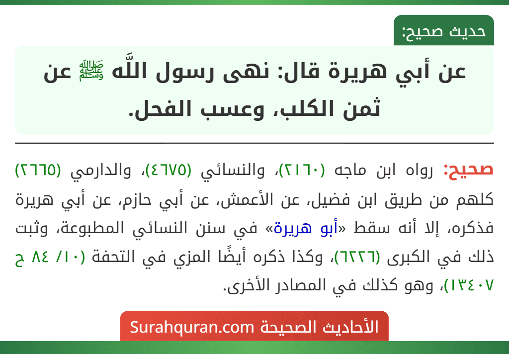 عن أبي هريرة قال: نهى رسول اللَّه ﷺ عن ثمن الكلب، وعسب الفحل.