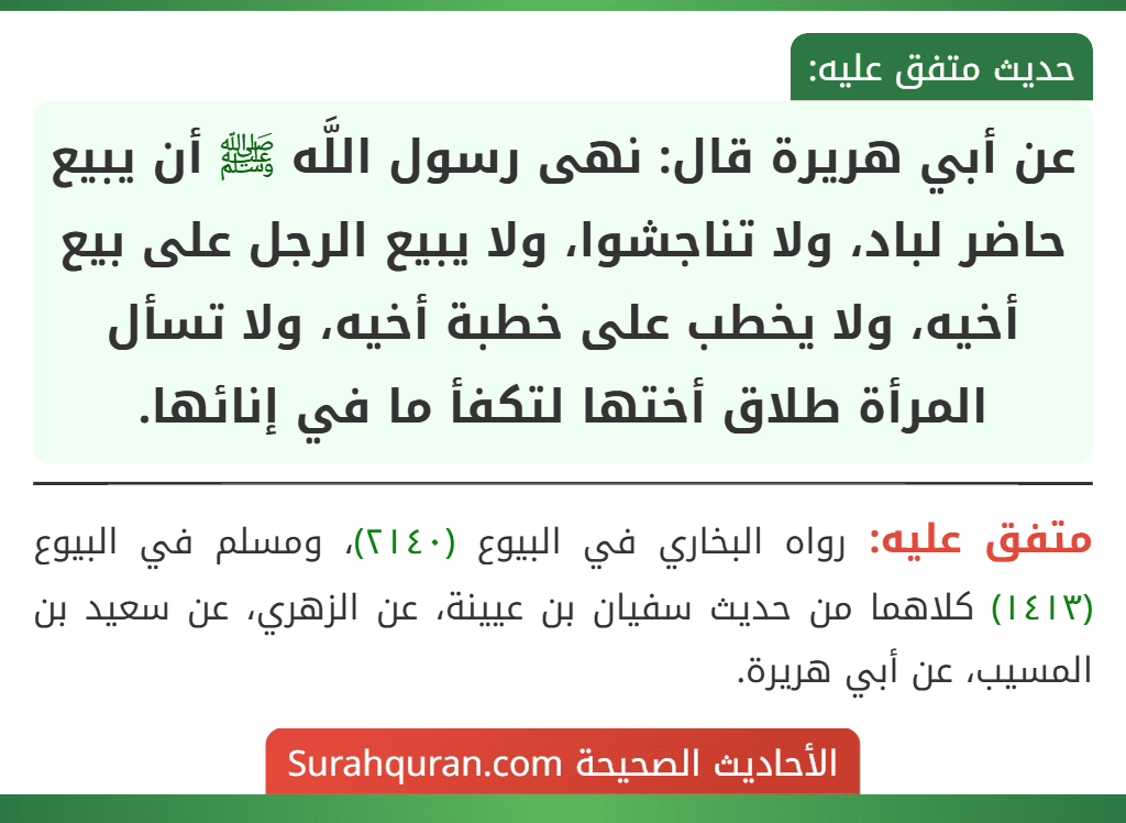 عن أبي هريرة قال: نهى رسول اللَّه ﷺ أن يبيع حاضر لباد، ولا تناجشوا، ولا يبيع الرجل على بيع أخيه، ولا يخطب على خطبة أخيه، ولا تسأل المرأة طلاق أختها لتكفأ ما في إنائها.