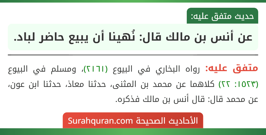 عن أنس بن مالك قال: نُهينا أن يبيع حاضر لباد.